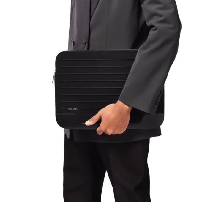 Borsa per laptop piatta in pelle e tela Borsa a secchiello